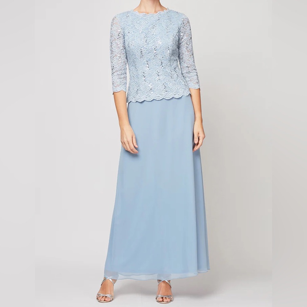 Alex Evenings Long Gown with Sequin Lace Bodice & Chiffon Skirt Sky Blue Sz 10P